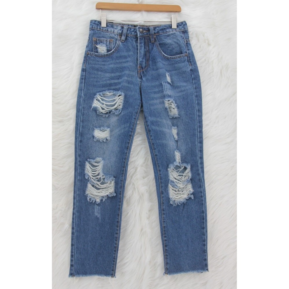 Almost Famous Jeans Women's Sz 0 Blue Distressed High Waisted Cropped Ankle Boho